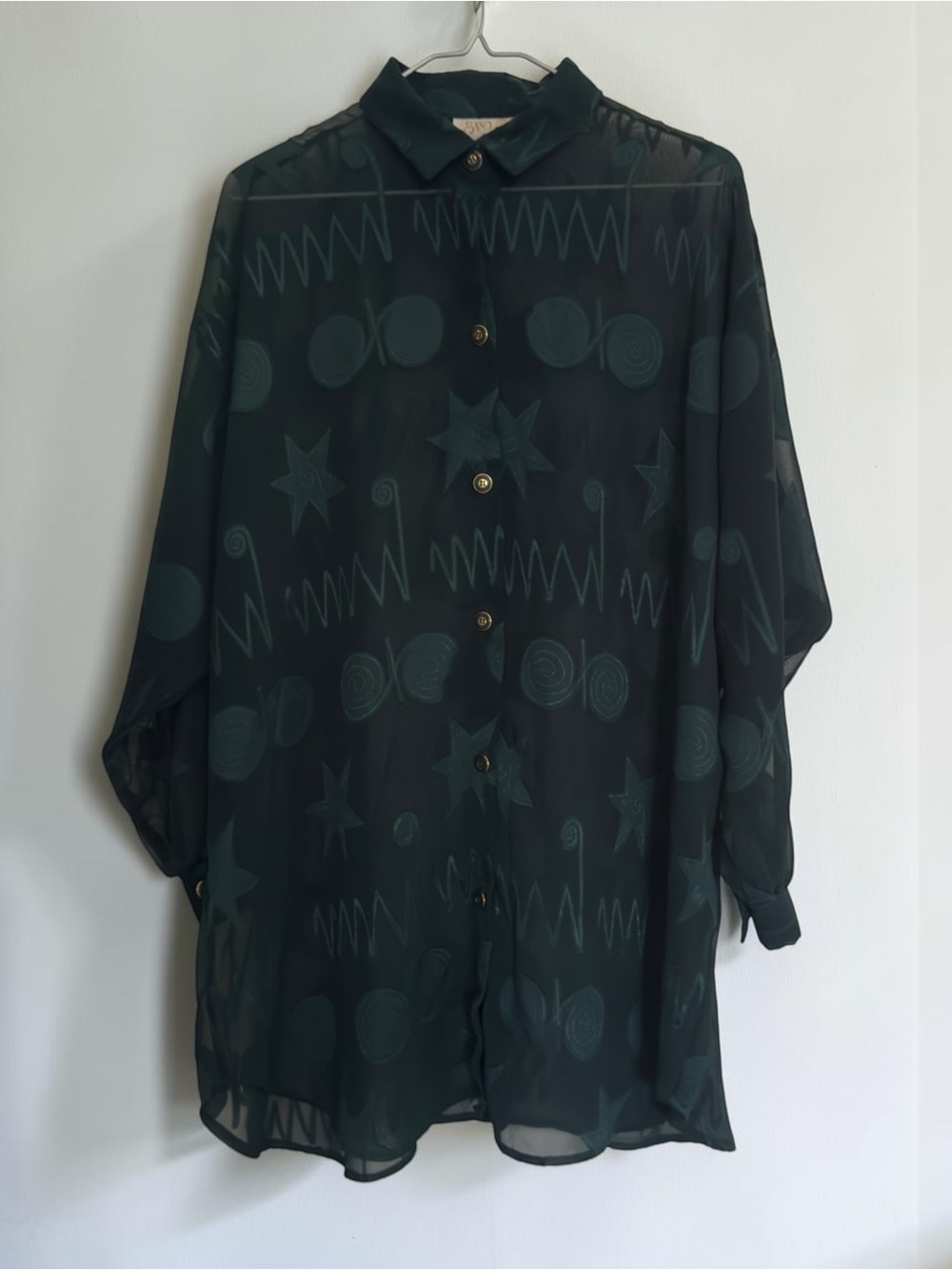 Vtg Sand Dollars Green Jacquard Star Oversized Tunic Blouse XL 2XL Artsy Musical